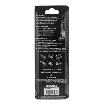 Kniv med Non-Slip gummigreb, 18 mm knivblad, Autolås og magasin med lås og 2 ekstra knivblade